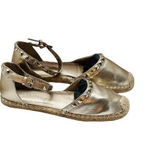 Gold Espadrille Sandals with Studded Ankle Strap